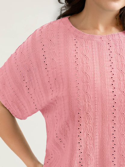 Eyelet Trim Stretchy Textured Plain Top
