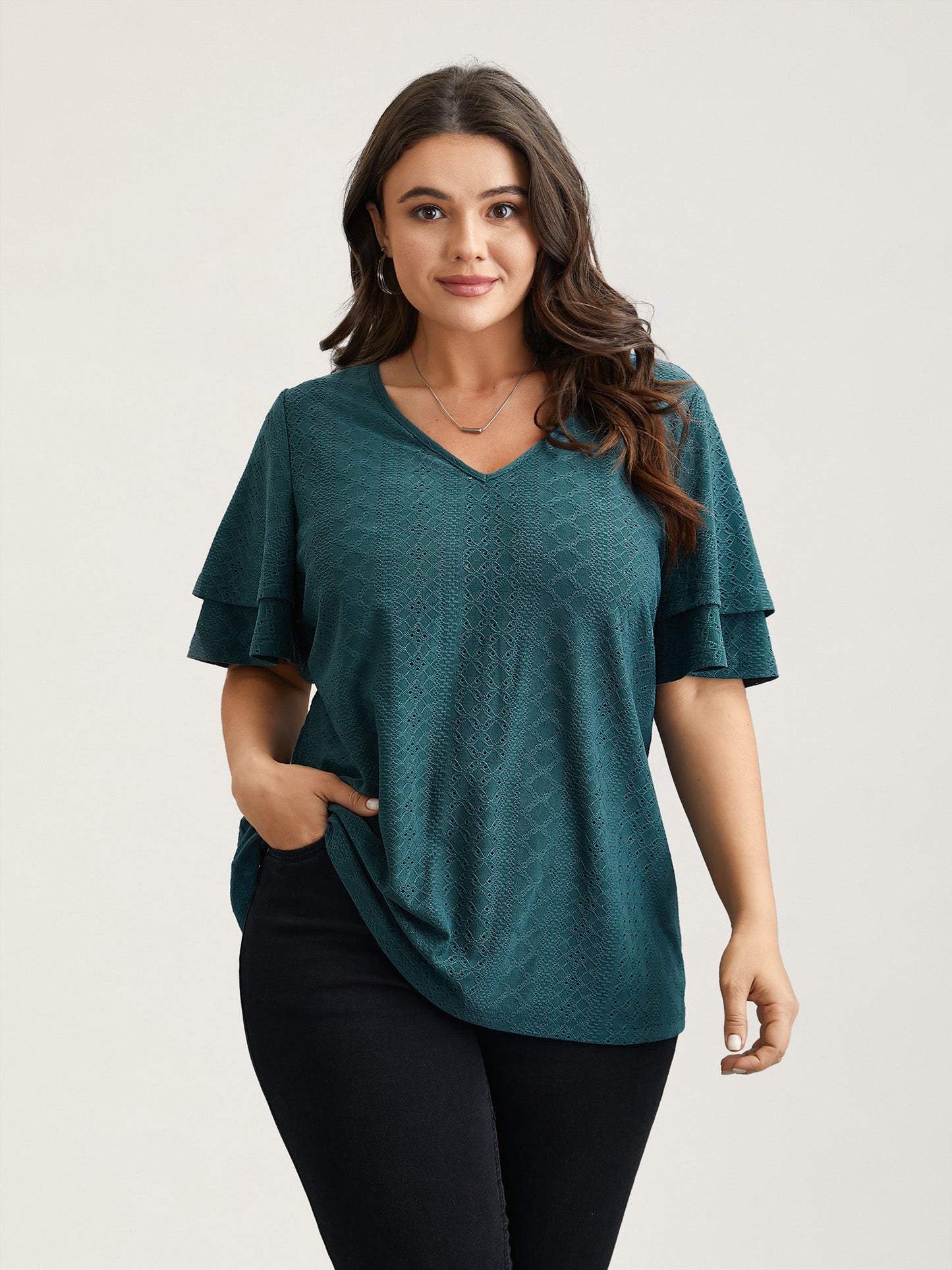 Jacquard Textured Lotus Leaf Sleeve Top