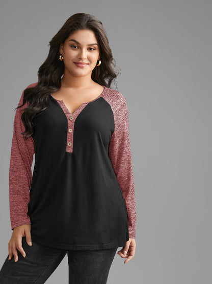 Heather Patchwork Button Detail Stretchy T-Shirt