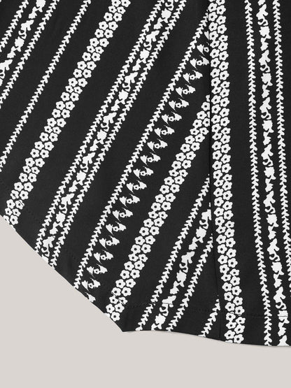 Striped Overlap Print Curvy Hem Blouse