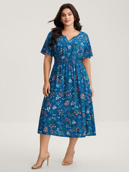 Rayon Playful Floral Shirred Midi Dress