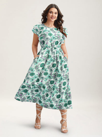 Ruffled Floral Print Stretchy-Waist Midi Dress