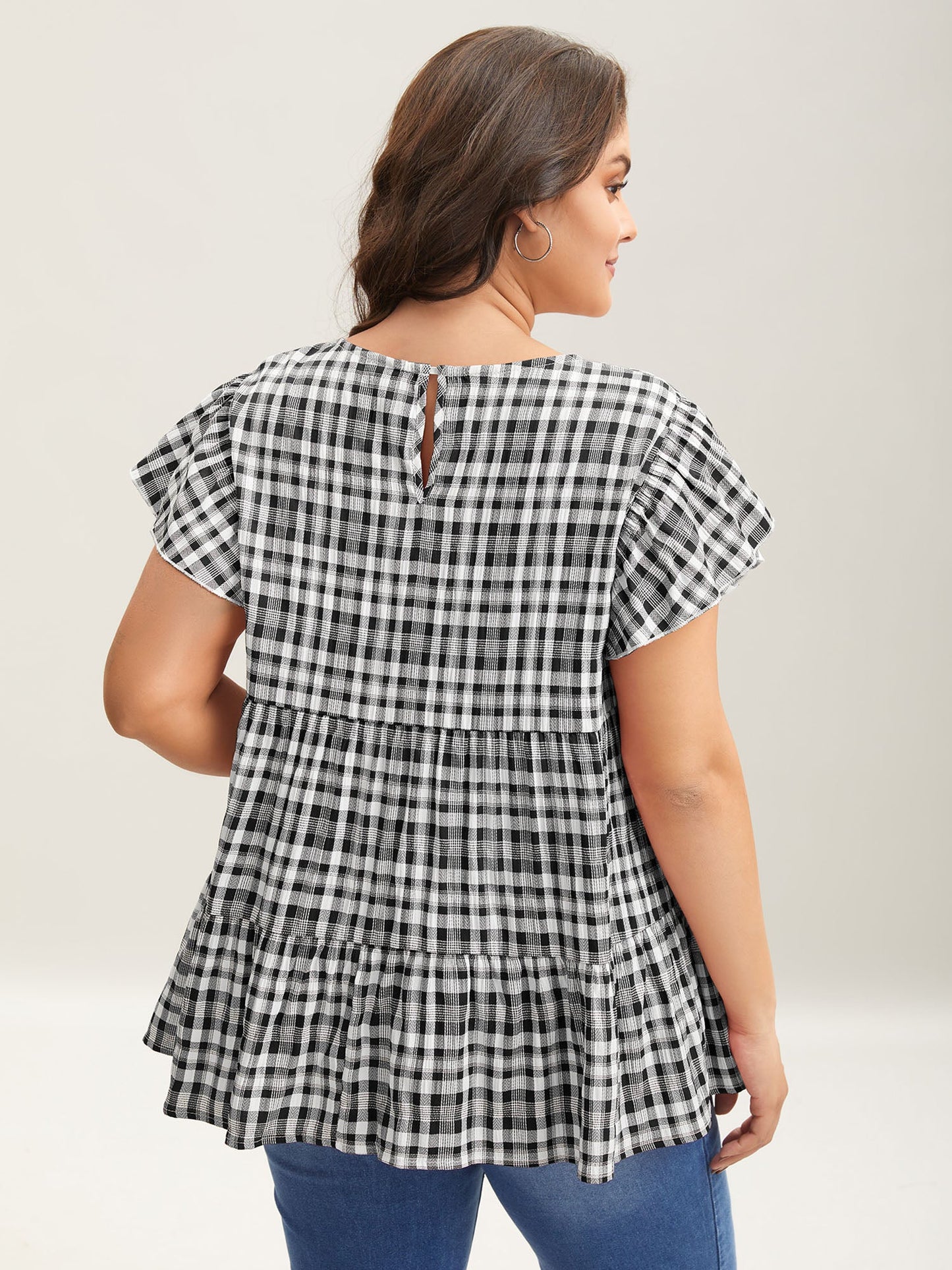 Plaid Print Textured Lotus Leaf Sleeve Shirt