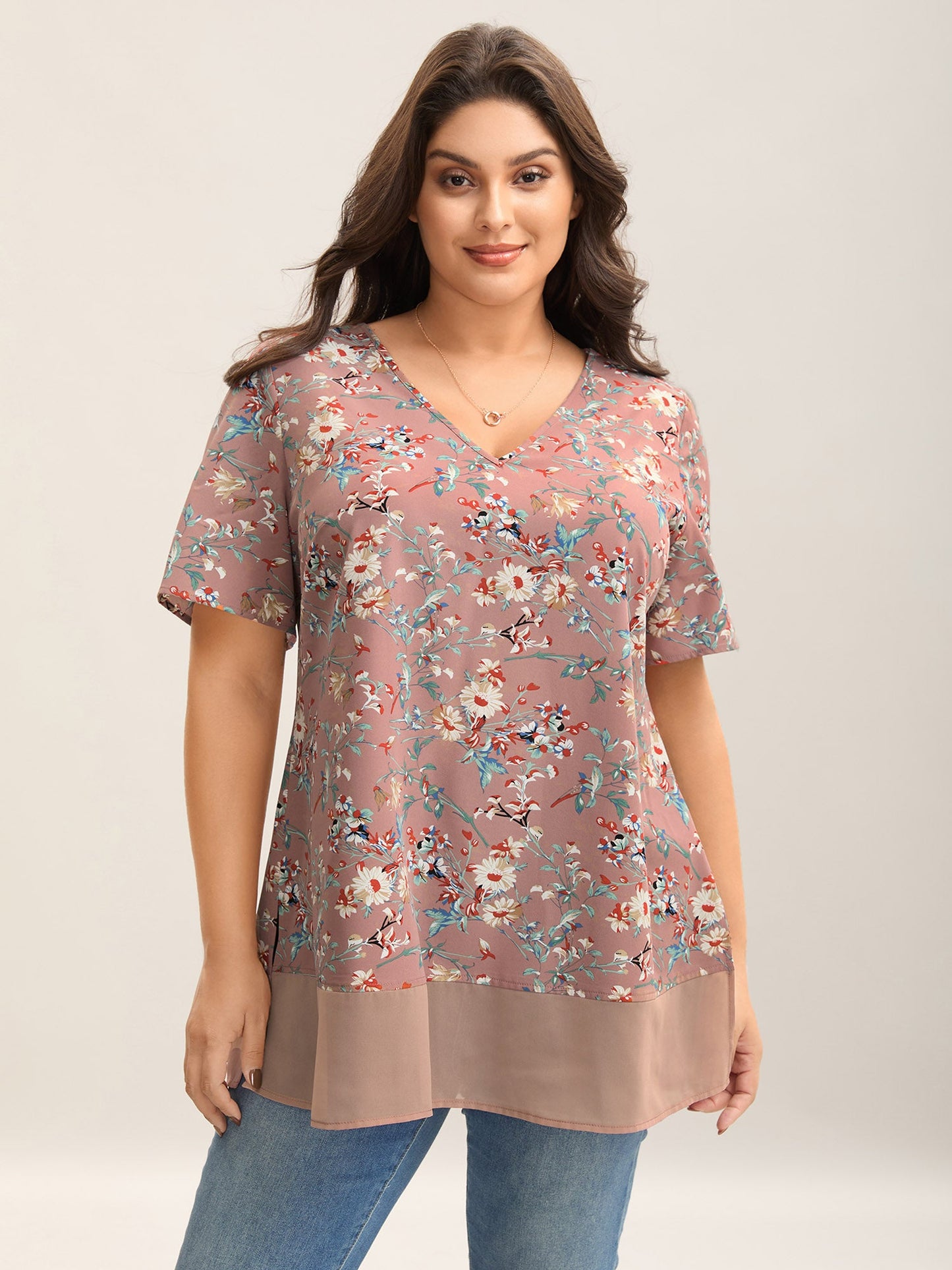 Garden Print Spliced V-Neck Blouse