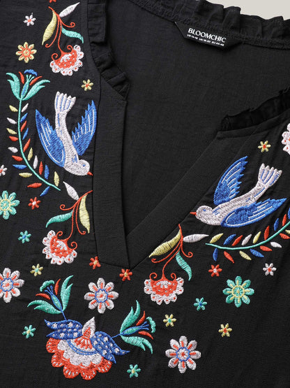 Floral Embroidered Notched Collar Midi Dress