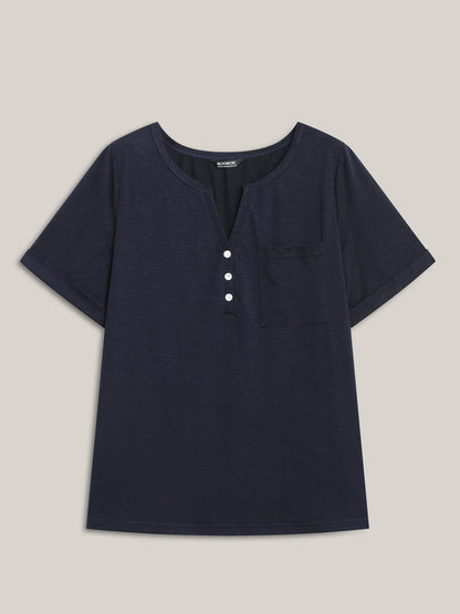 Solid Split Neck Button Detail T-Shirt