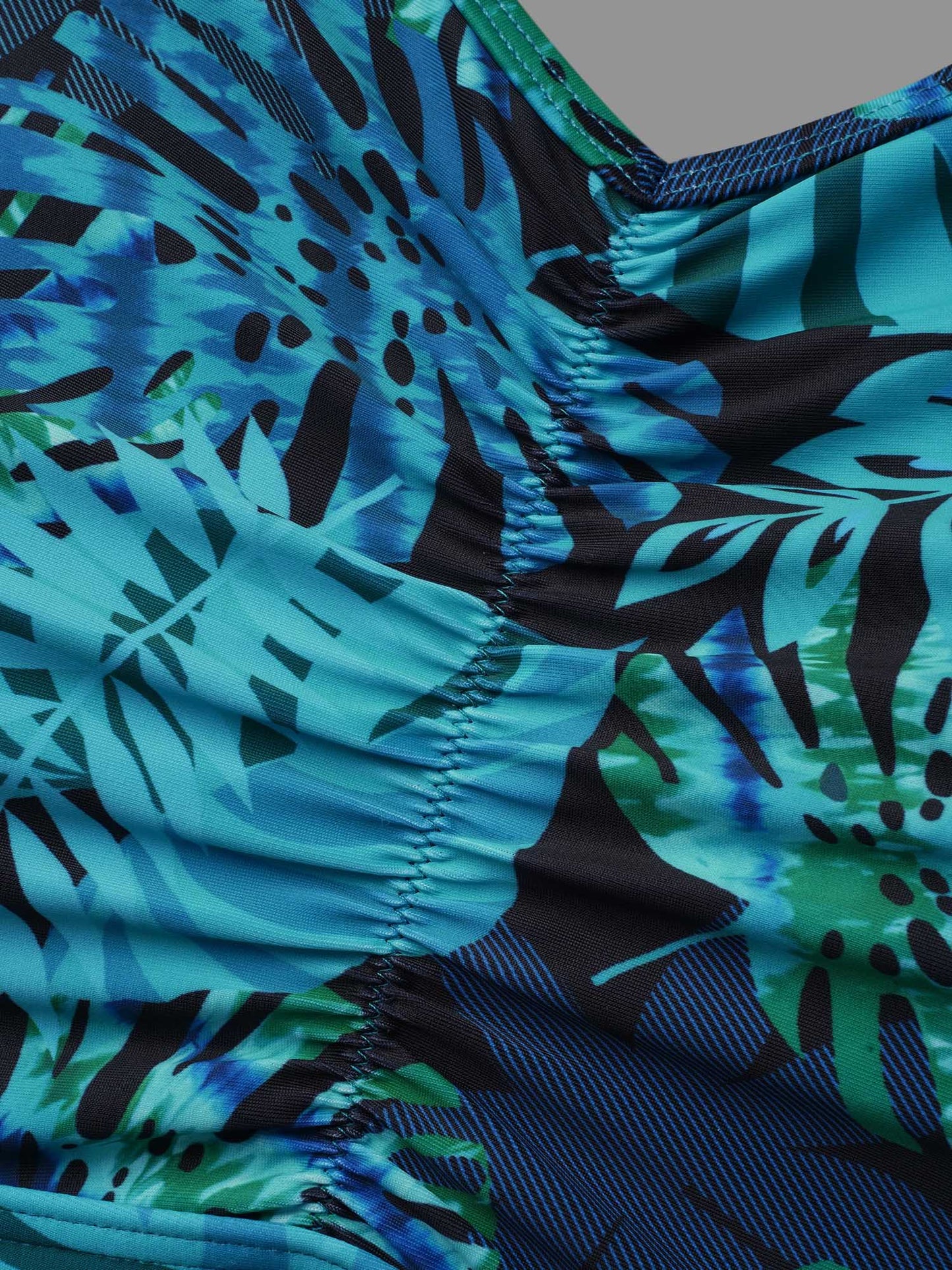 Tropical Print Patchwork Mesh Side Slit Swim Dress