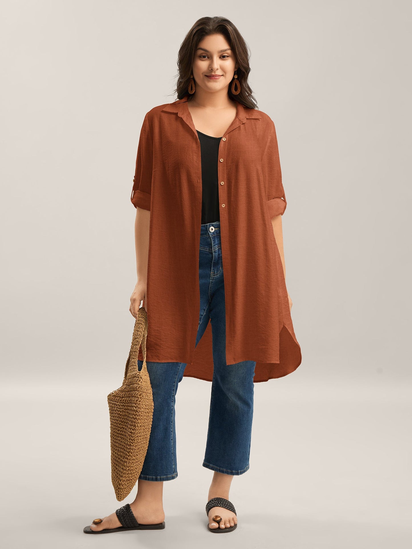 Front-Open Long Basic Blouse