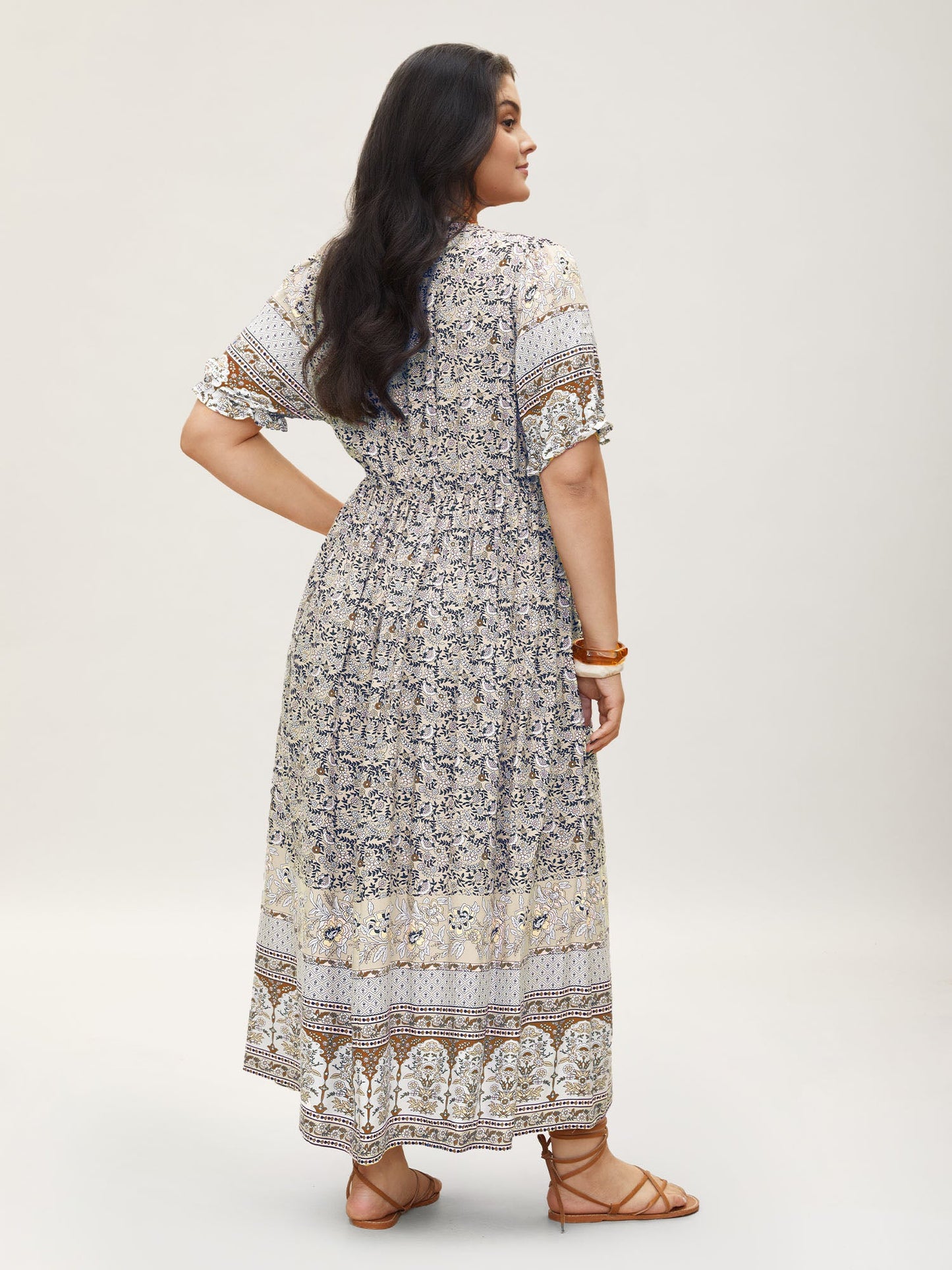 Boho Print Notched Ties Tassel Trim Dress