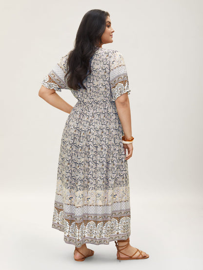 Boho Print Notched Ties Tassel Trim Dress