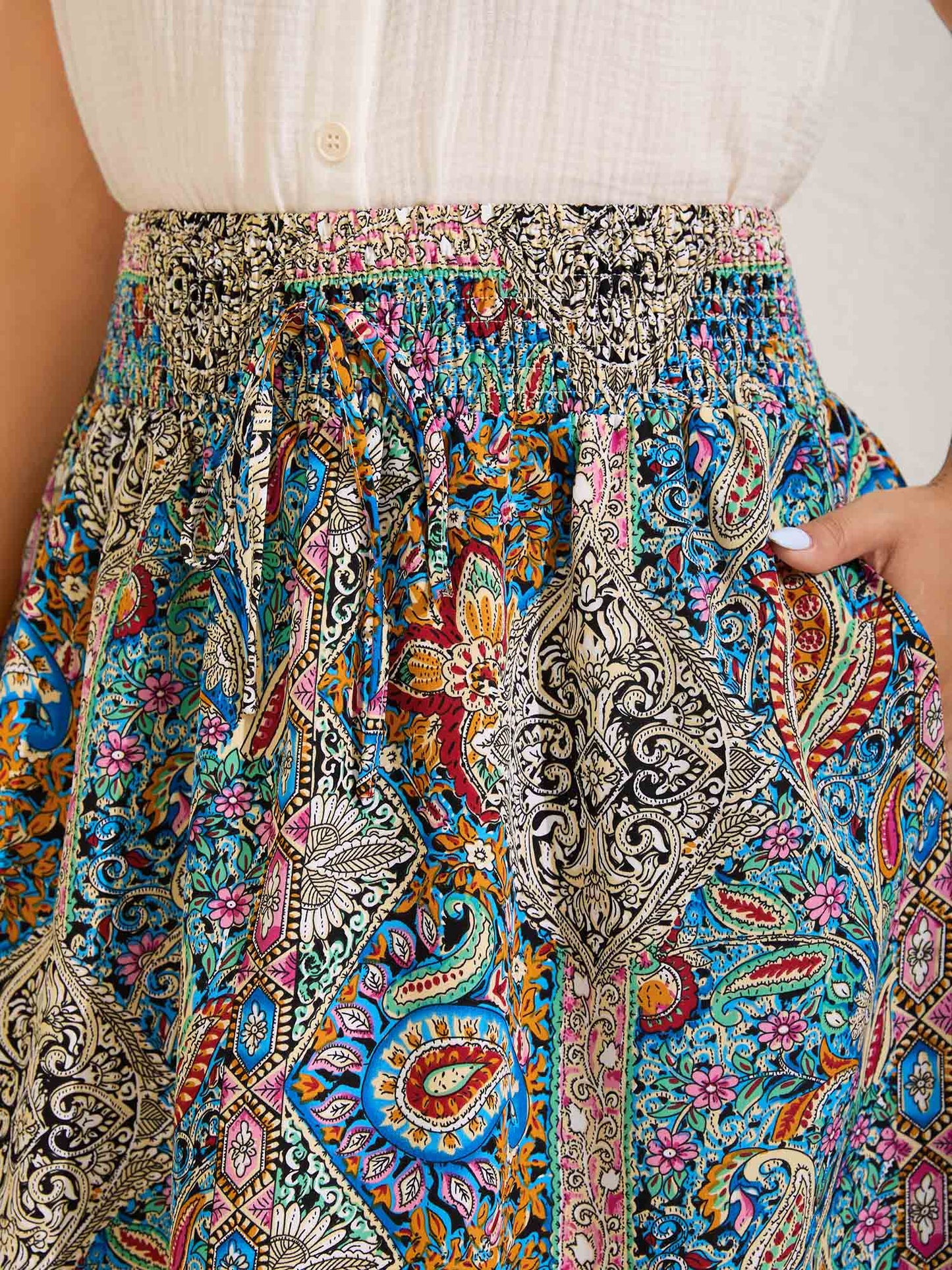 Boho Print Shirred Waist Midi Skirt