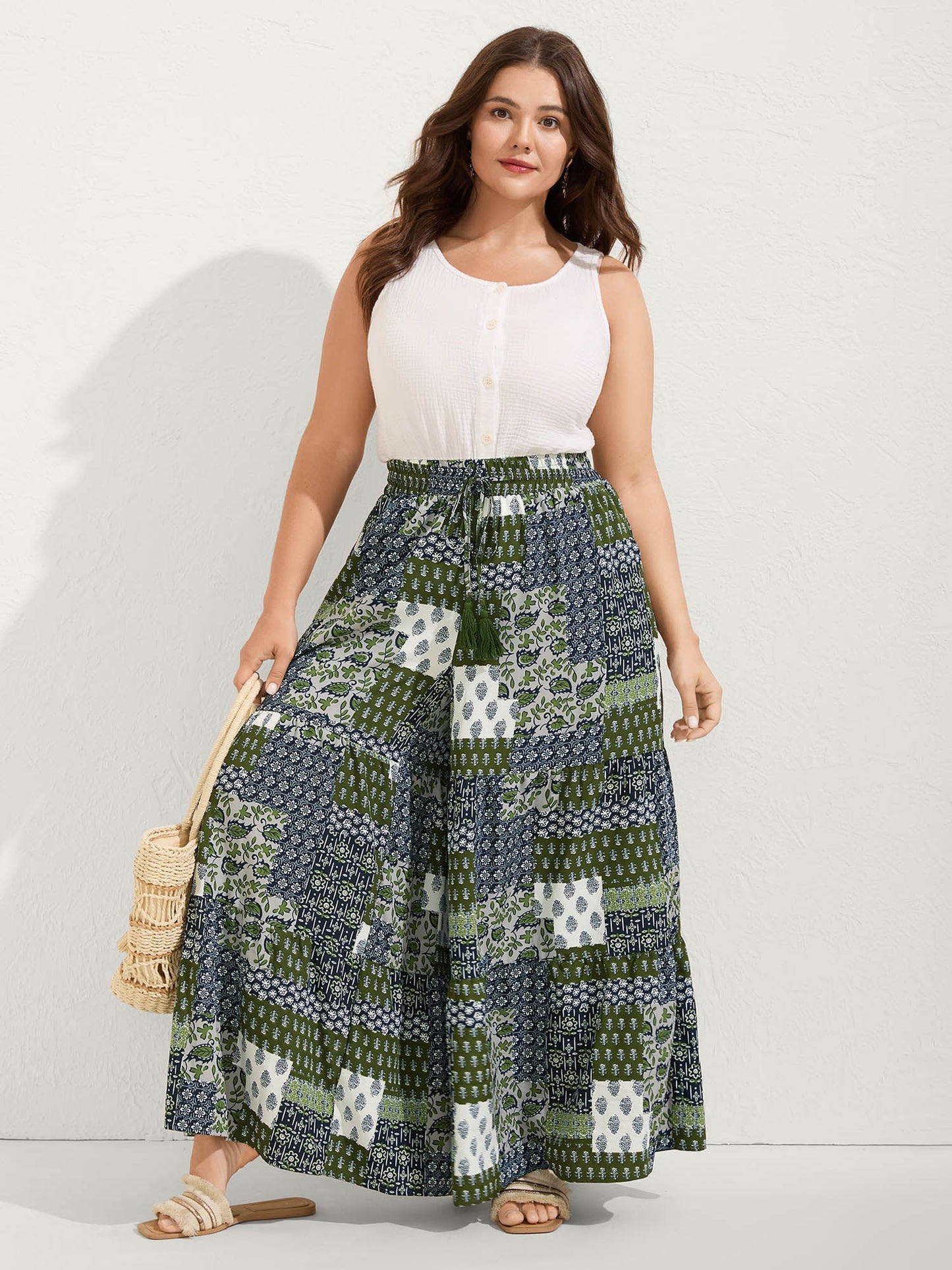 Floral Collage Drawstring Wide-Leg Pants