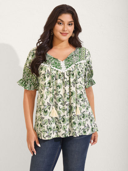 Boho Floral Print Neck Tassels Blouse