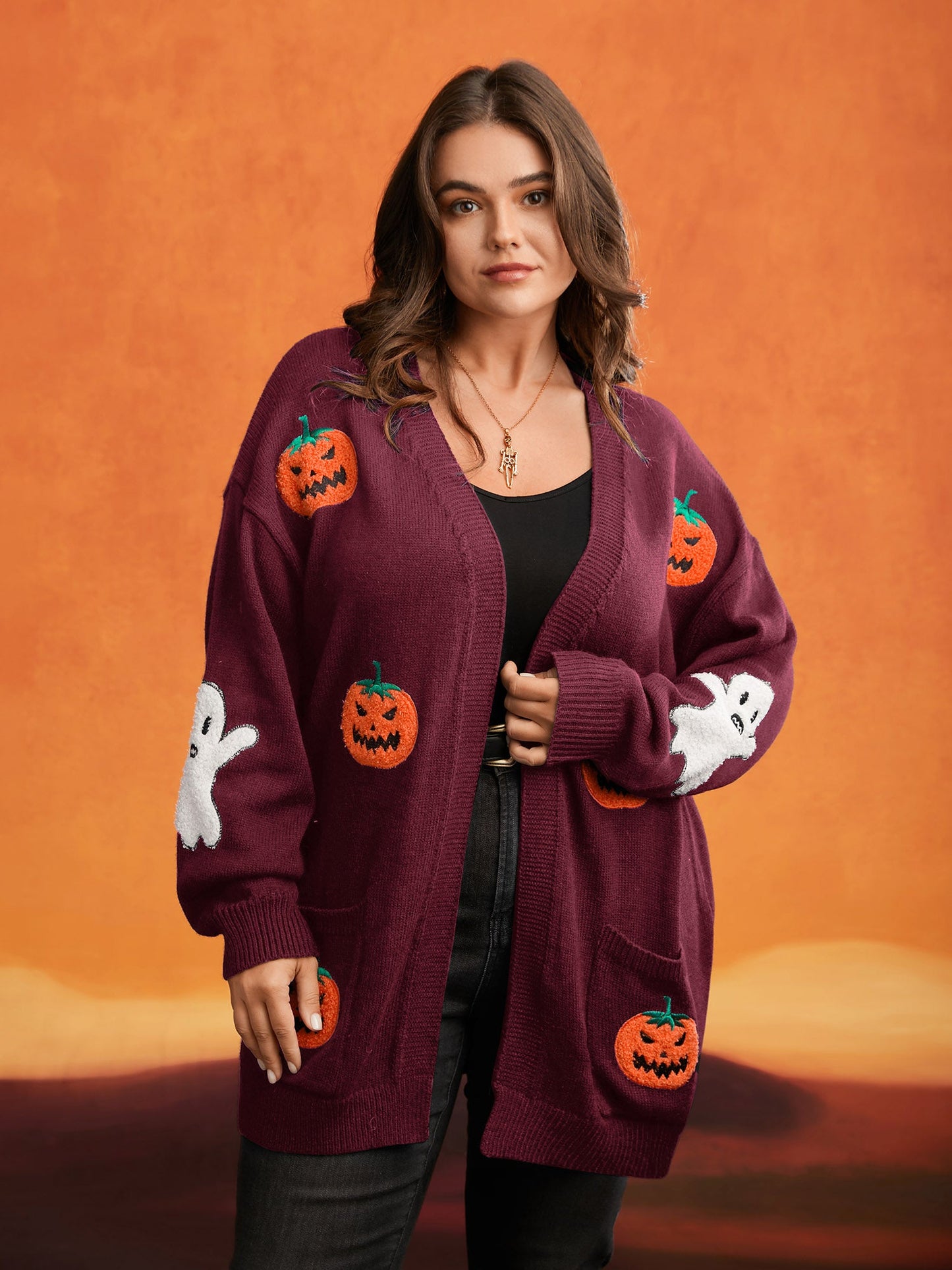Pumpkin Ghost Embroidery Open Cardigan