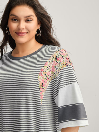 Cotton Mixed Print Floral Detail Knit Top