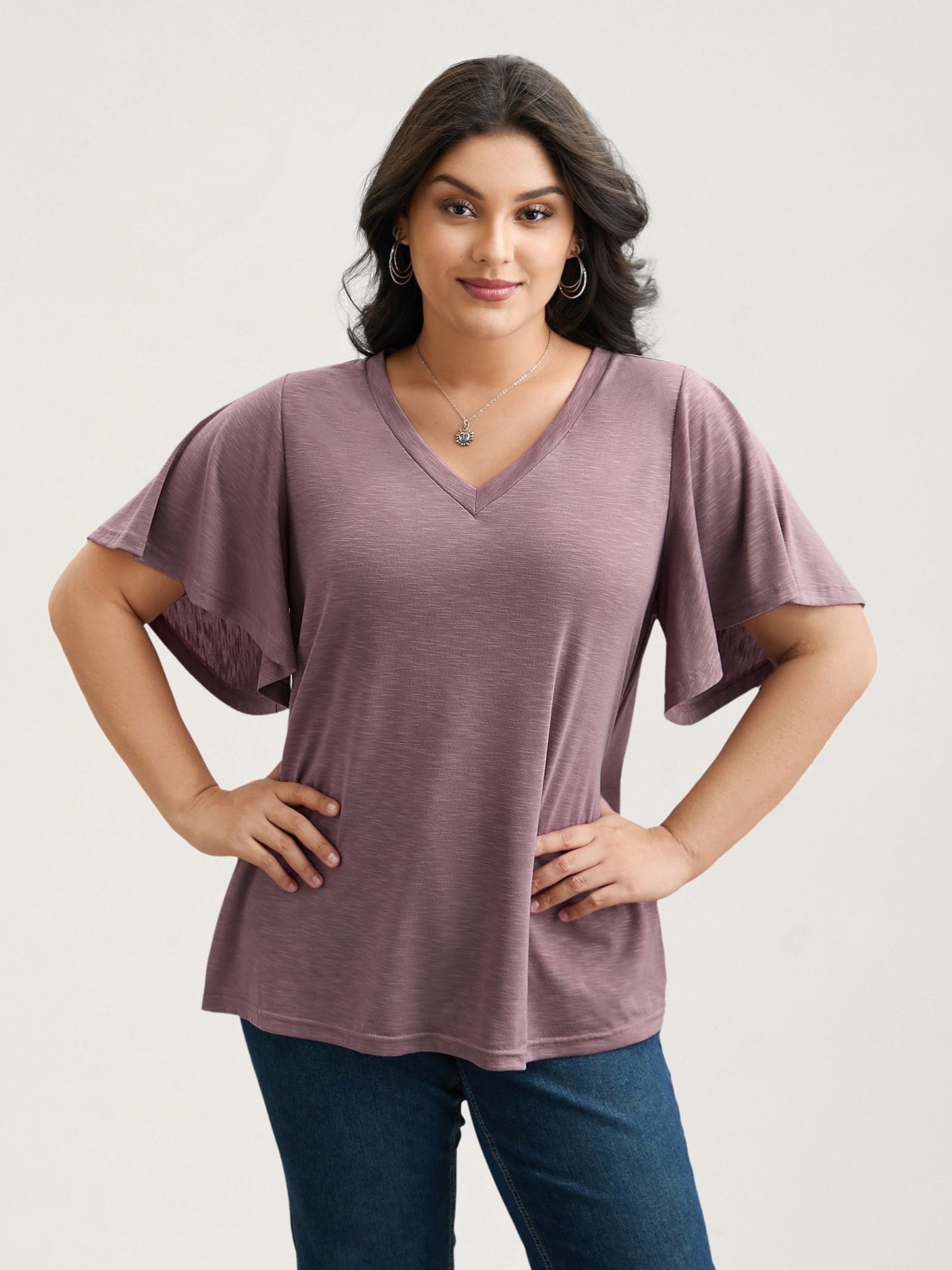 V-Neck Stretchy Flared Sleeve T-Shirt