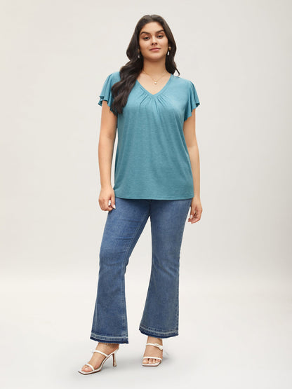 Solid Heather Gathered Ruffle Sleeve T-shirt