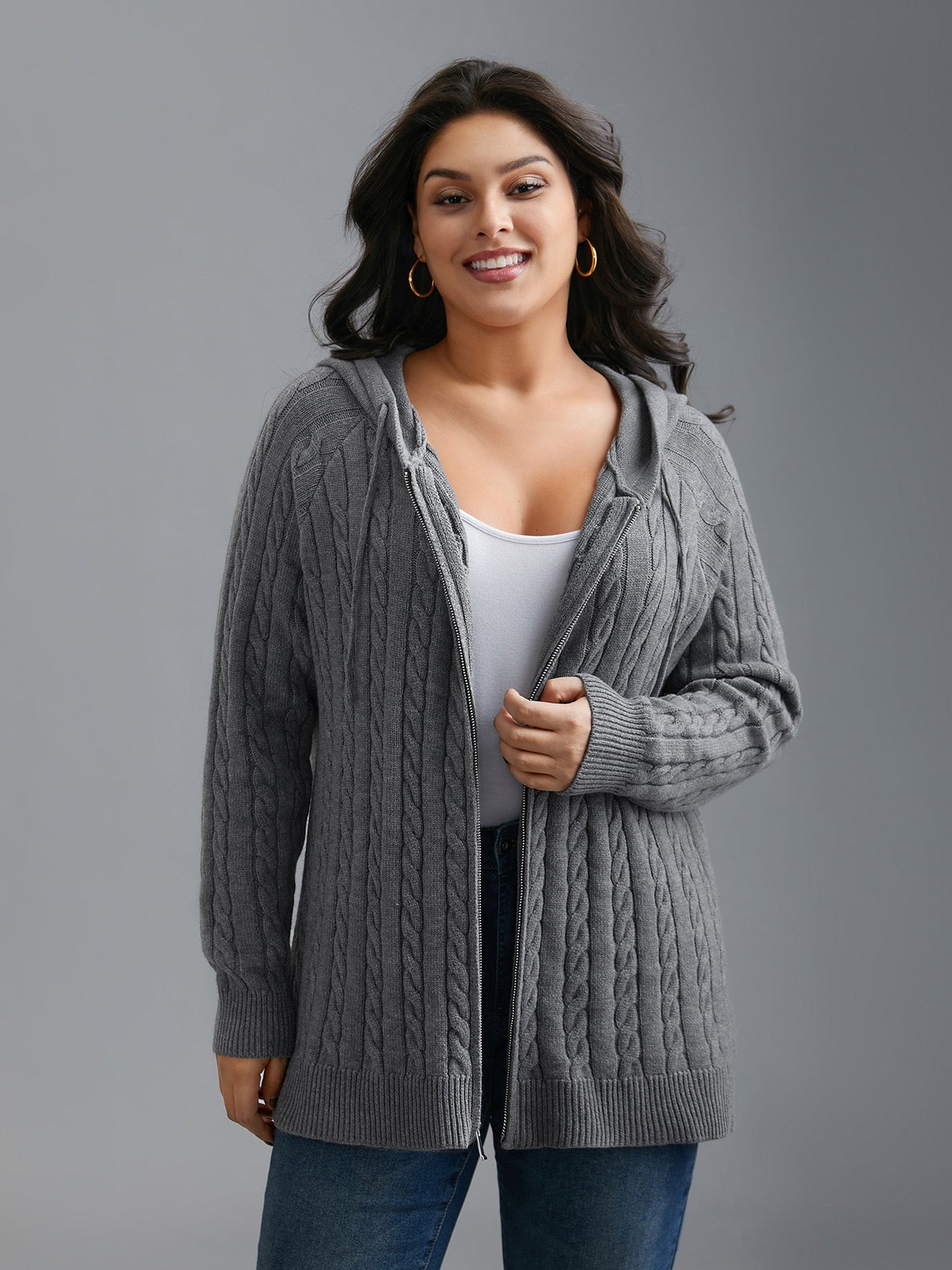 Cable Knit Hooded Zipper Cardigan