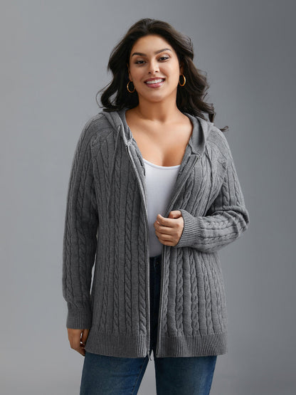 Cable Knit Hooded Zipper Cardigan