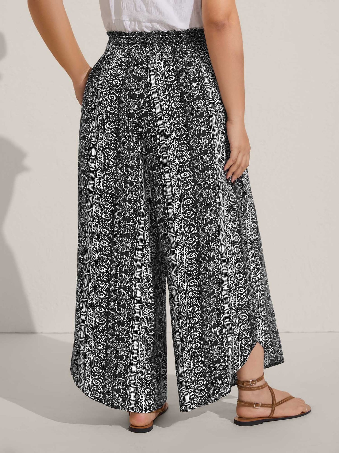 Boho Print Shirred Waist Wide-Leg Pants