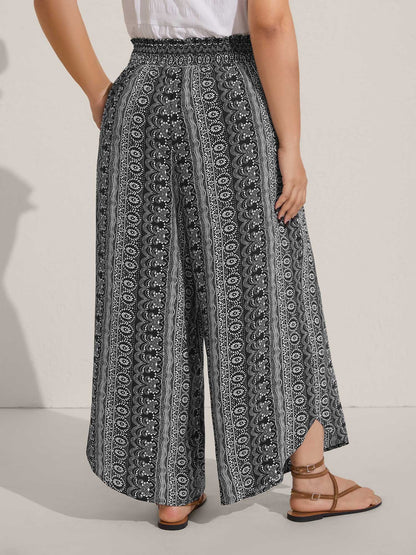 Boho Print Shirred Waist Wide-Leg Pants