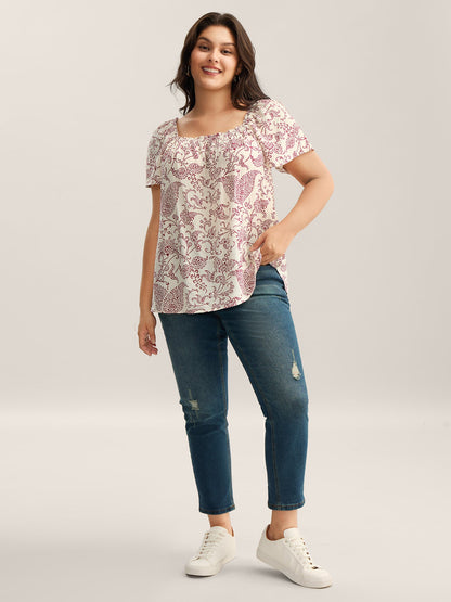 Floral Print Shirred Neck Flowy Blouse