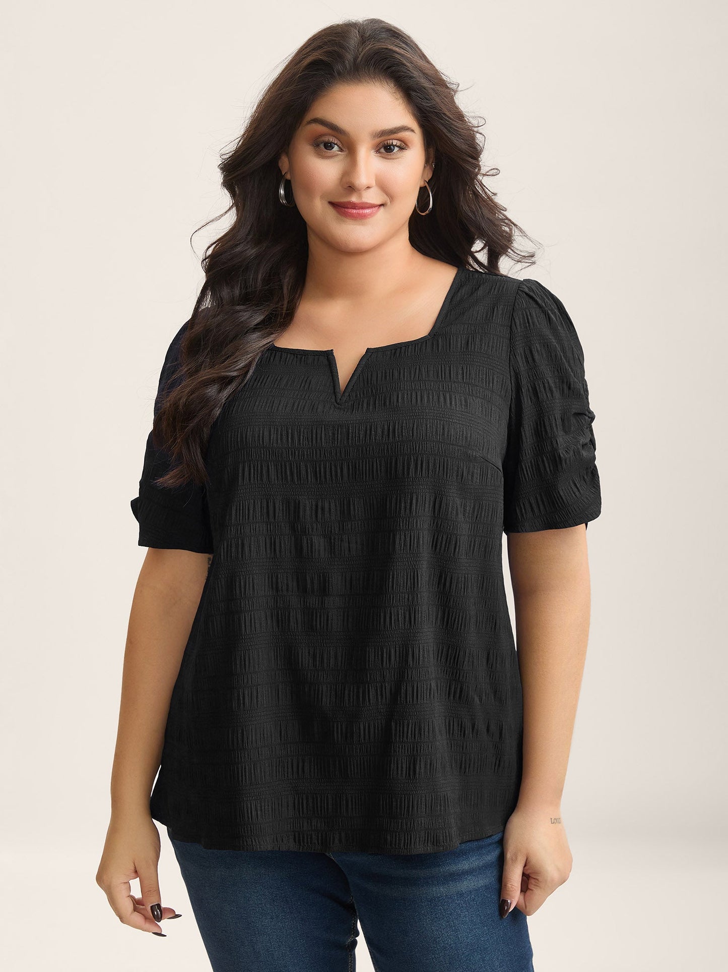 Textured Gathered Sleeve Split Neck Blouse