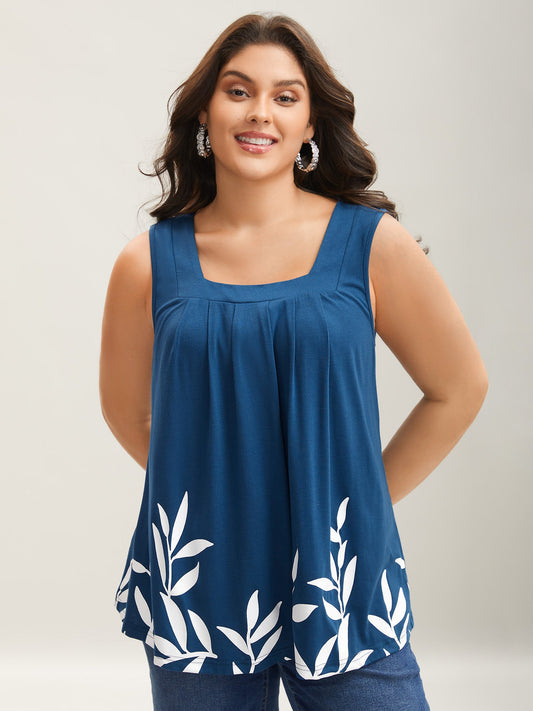 Leafy Printed Hem Pleated Sleeveless Top