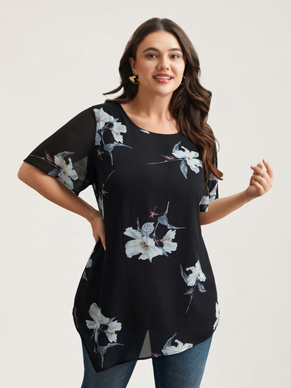 Chiffon Floral Round Neck Shirt