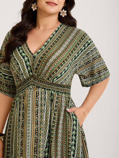 Striped Contrast Dolman Sleeve Shirred Pocket Split Flutter Dress