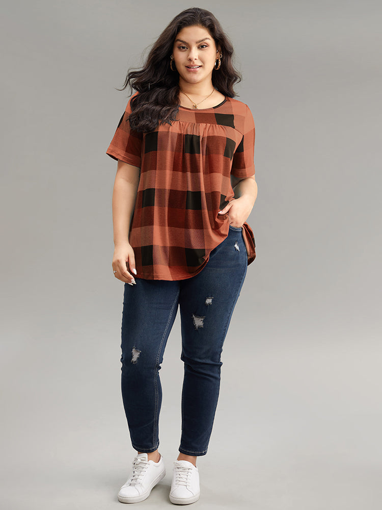 Plaid Round Neck Gathered T-shirt