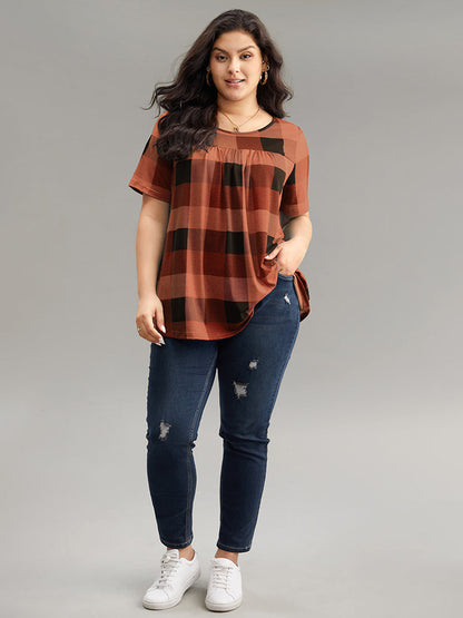 Plaid Round Neck Gathered T-shirt