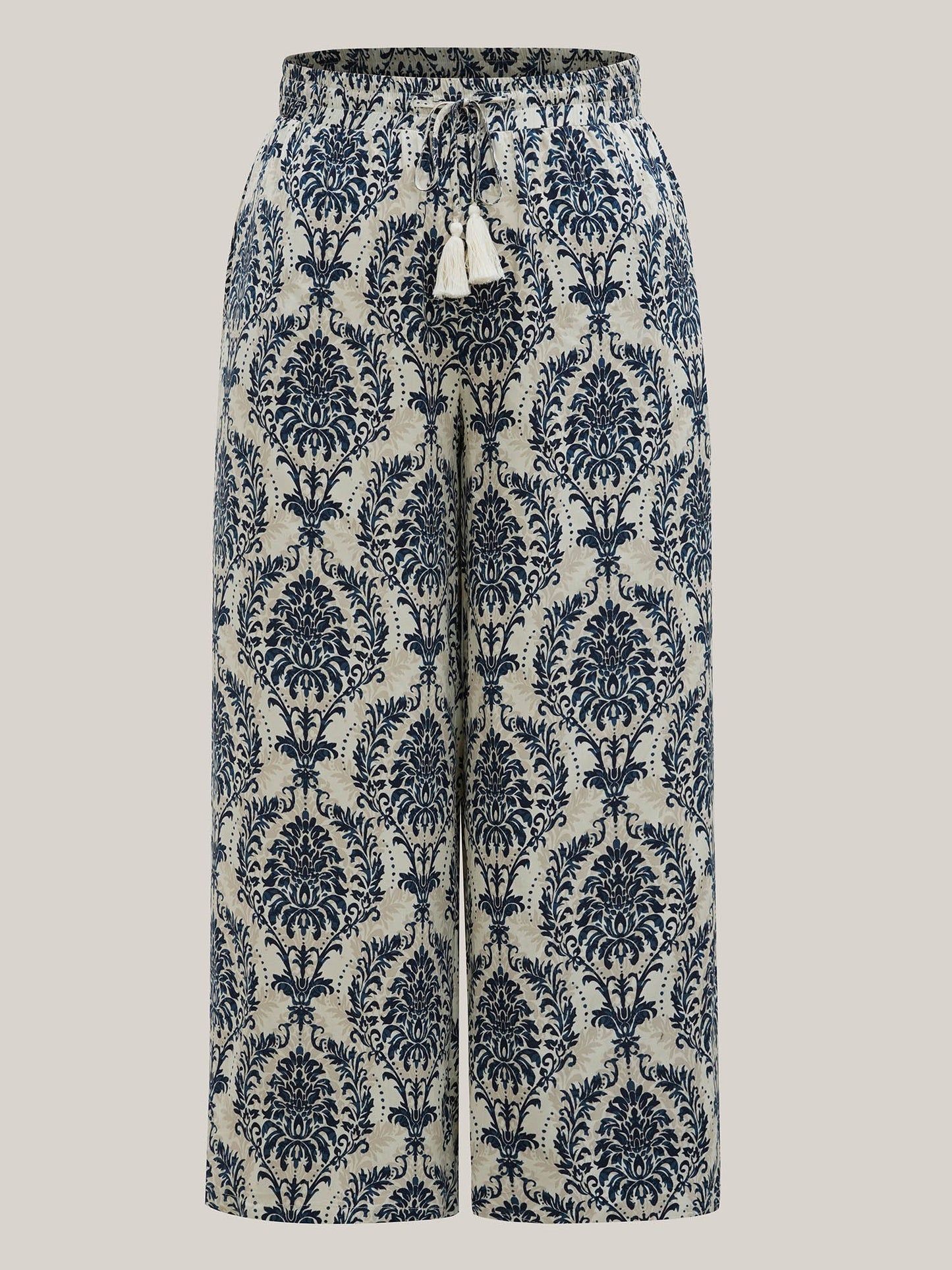 Damask Print Tassel Straight-Leg Pants