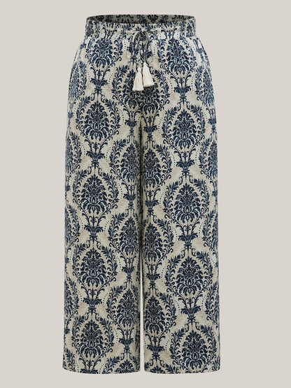 Damask Print Tassel Straight-Leg Pants