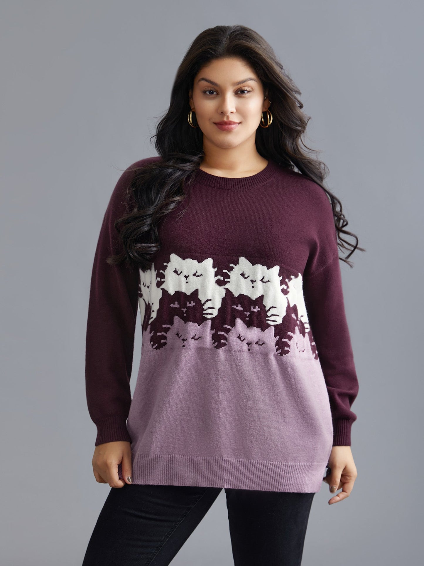 Cat Contrast Drop Shoulder Pullover