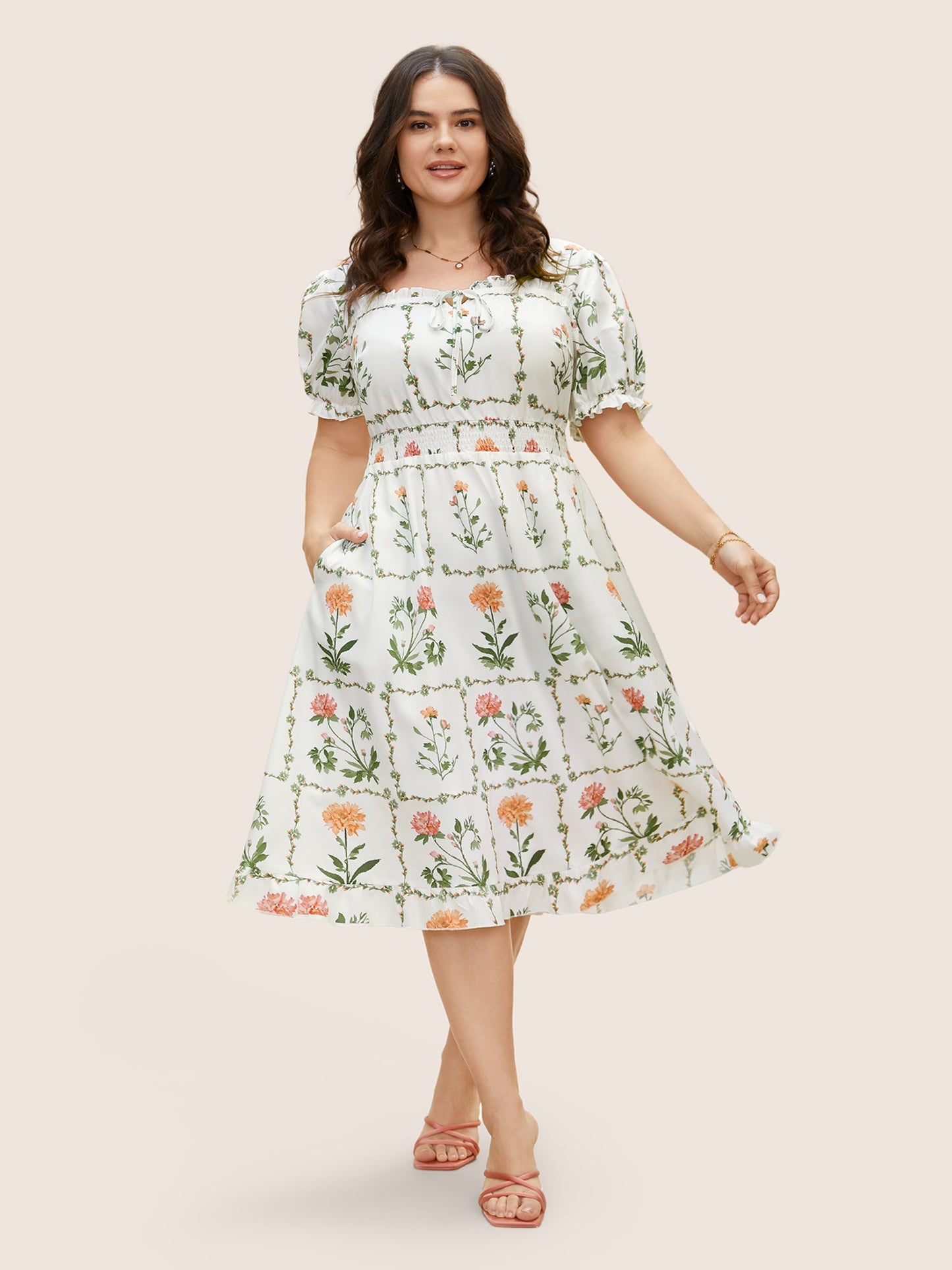 Boho Print Tie Knot Shirred Lantern Sleeve Dress