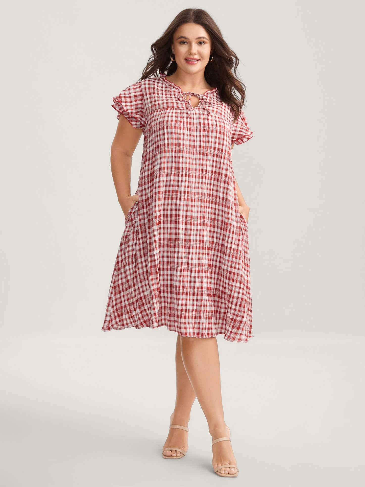 Sweet Plaid Pattern Pockets Midi Dress