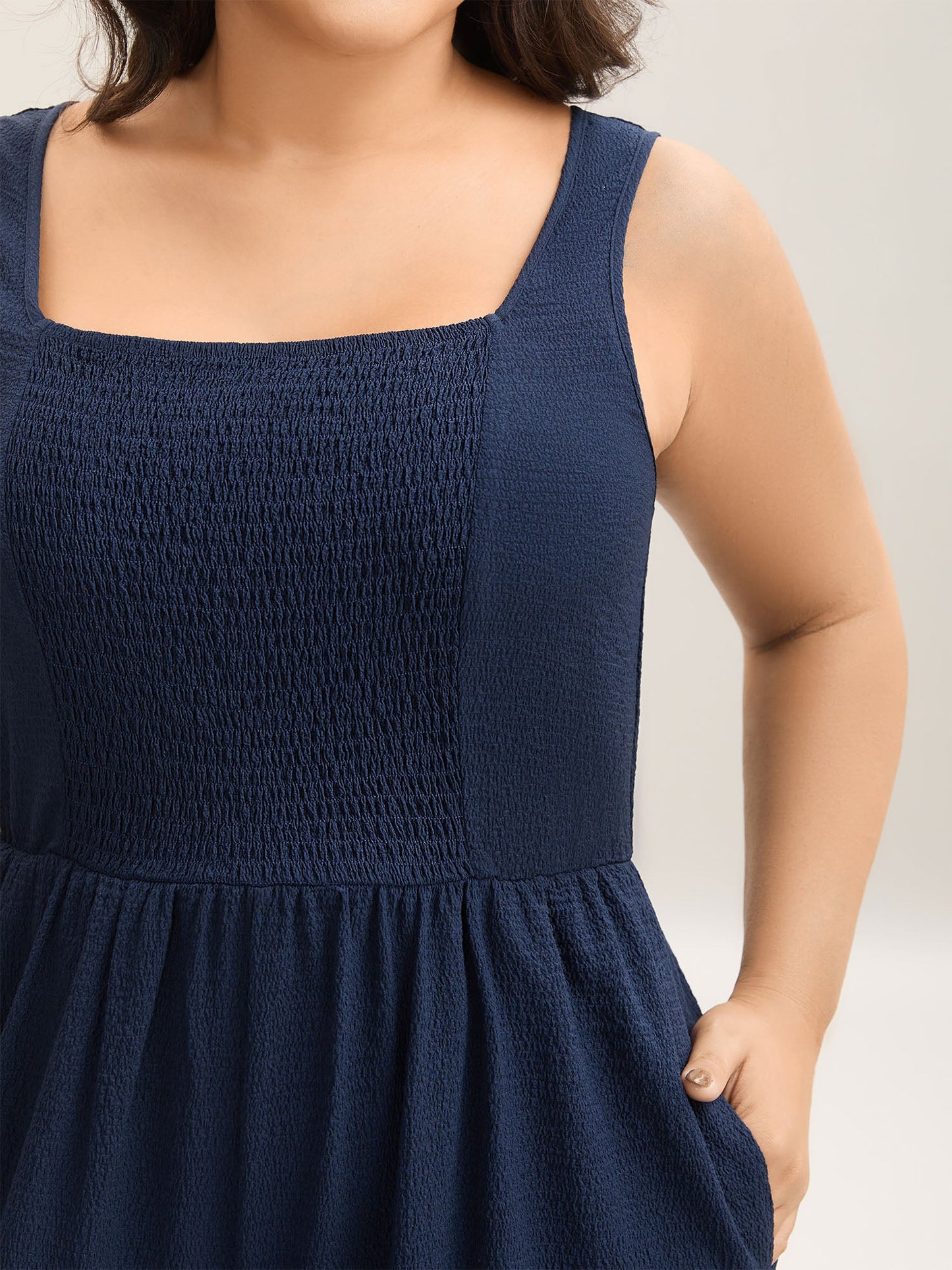 Shirred Pockets Wide-Leg Plain Jumpsuit