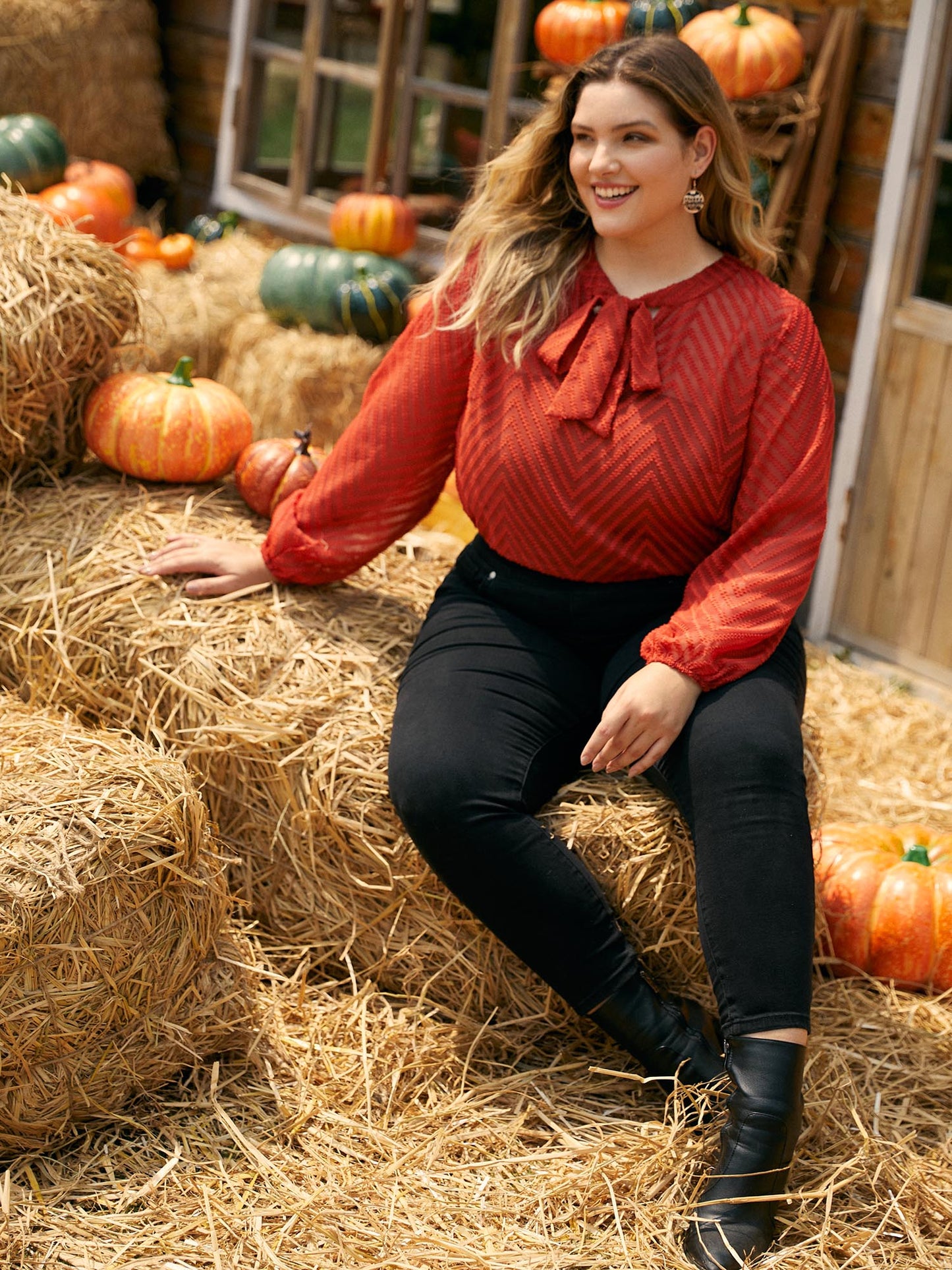 Wicked Neck Ribbon Lantern Sleeve Blouse