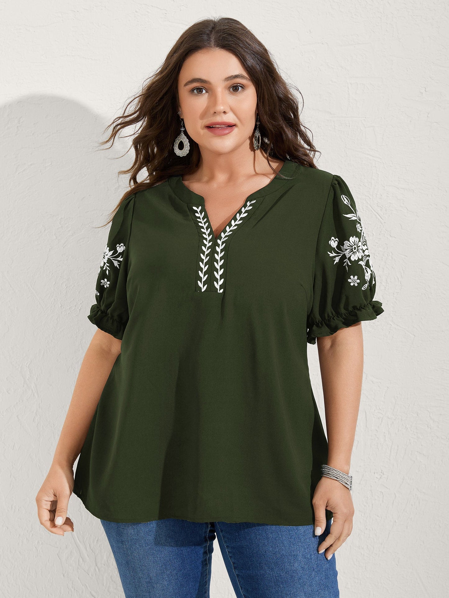 Notched Collar Embroidered Ruffled Blouse