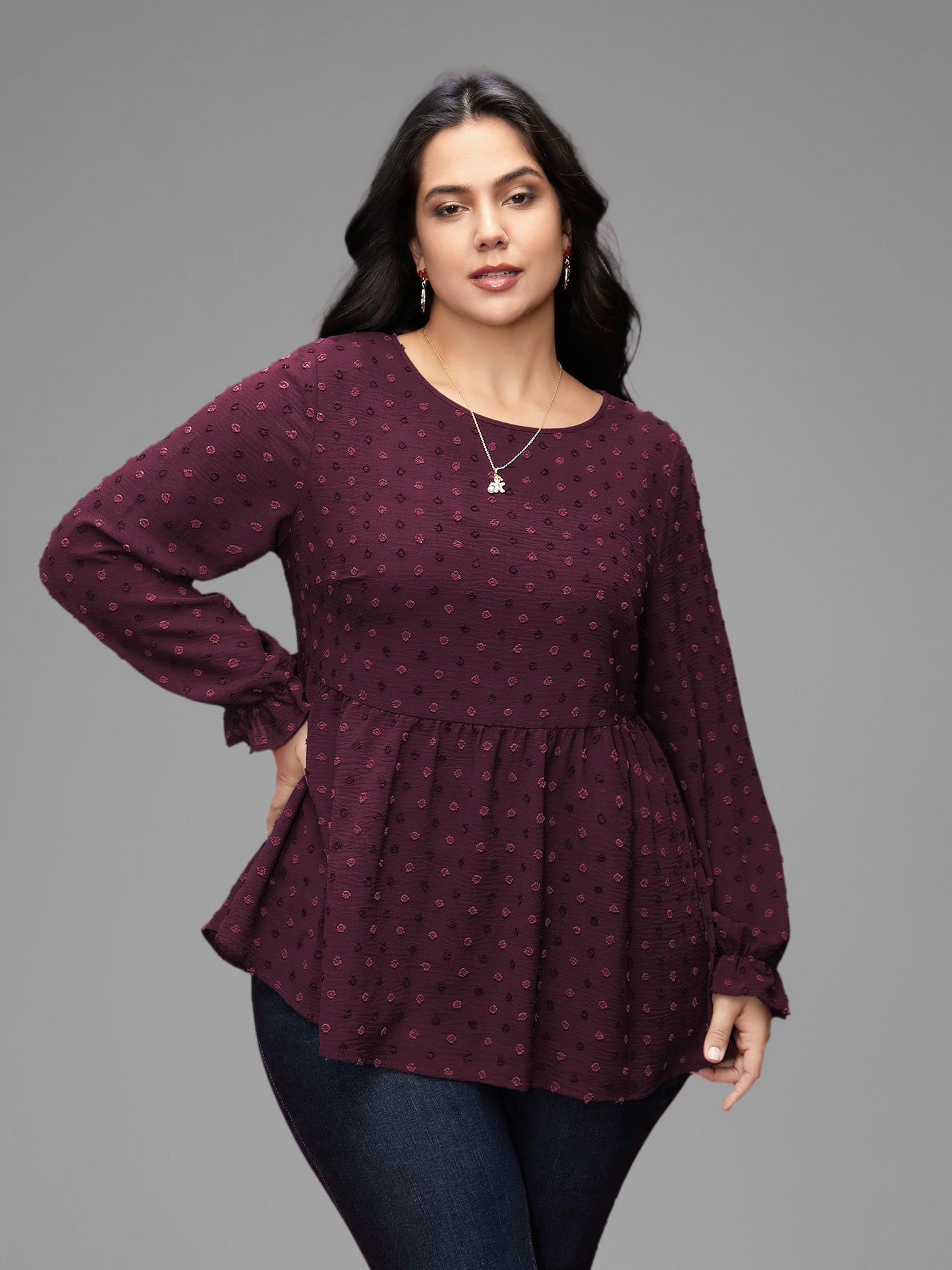 Textured Dot Elastic Cuffs A-line Blouse