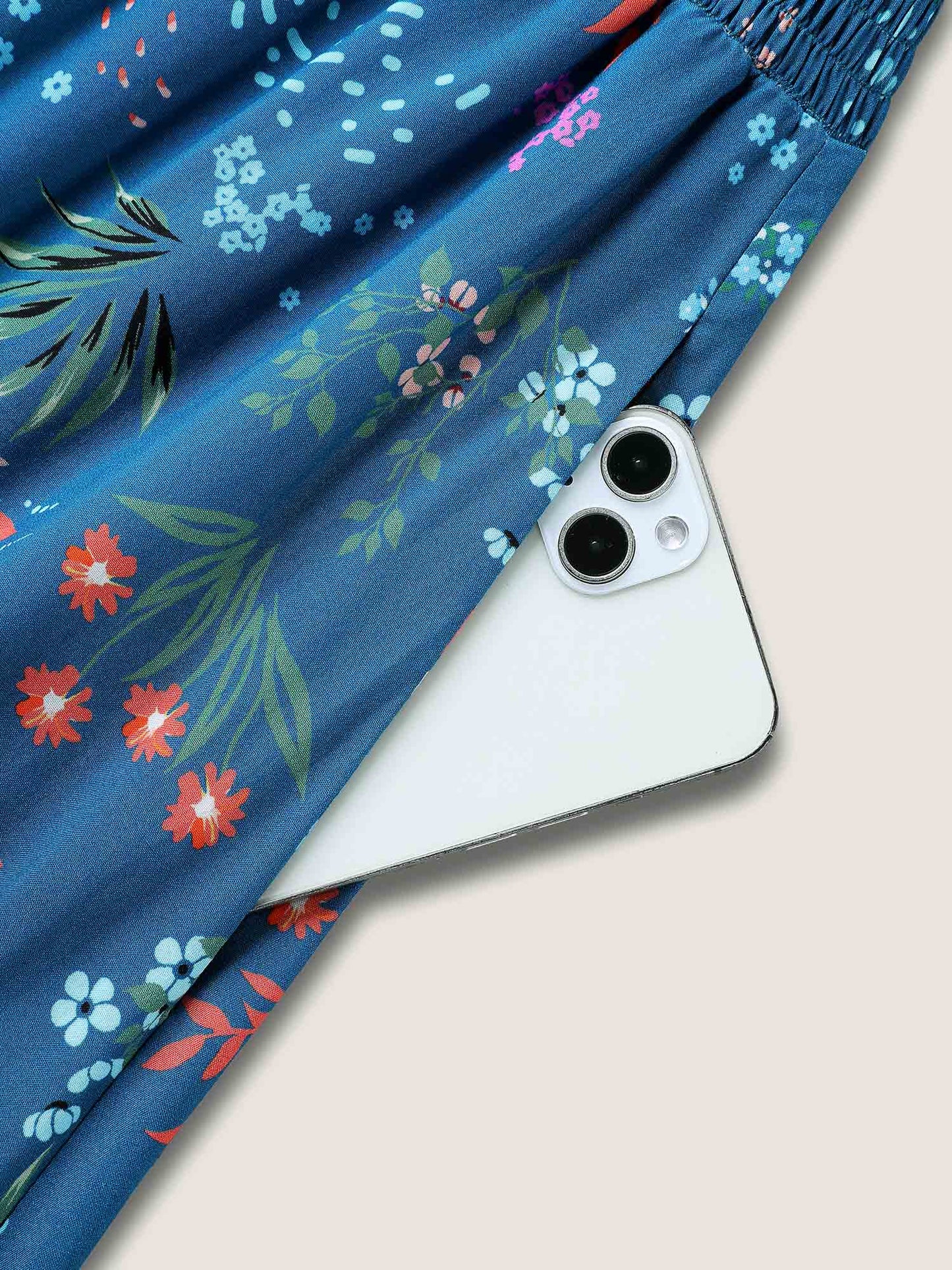 Rayon Playful Floral Shirred Midi Dress