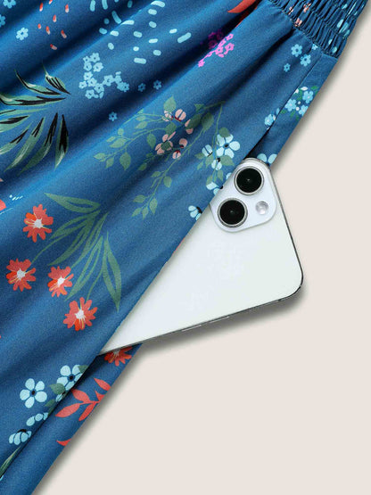 Rayon Playful Floral Shirred Midi Dress