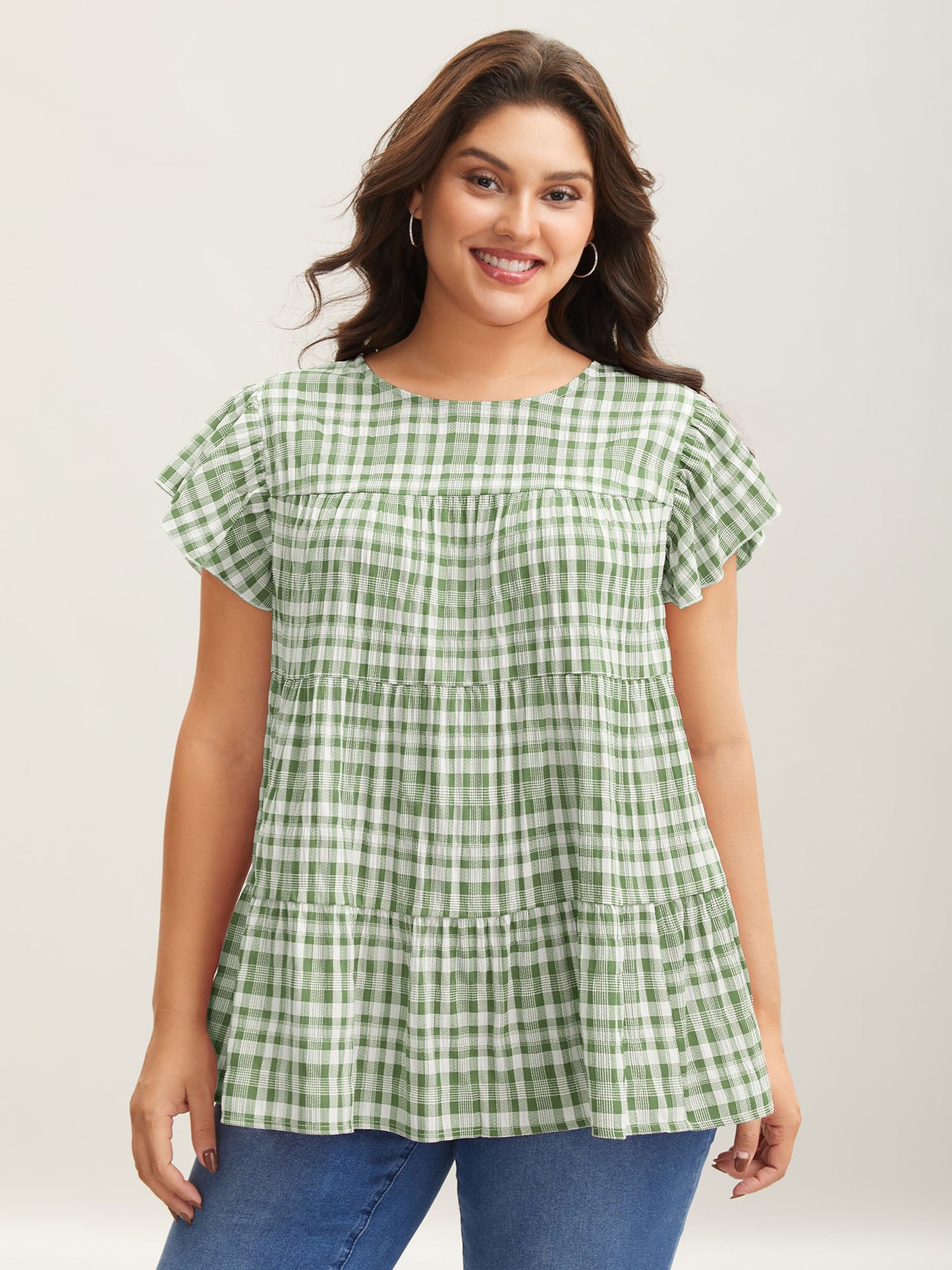 Plaid Print Textured Lotus Leaf Sleeve Shirt