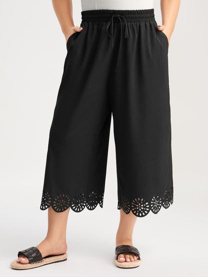 Scalloped Hem Laser Cut Wide-Leg Pants