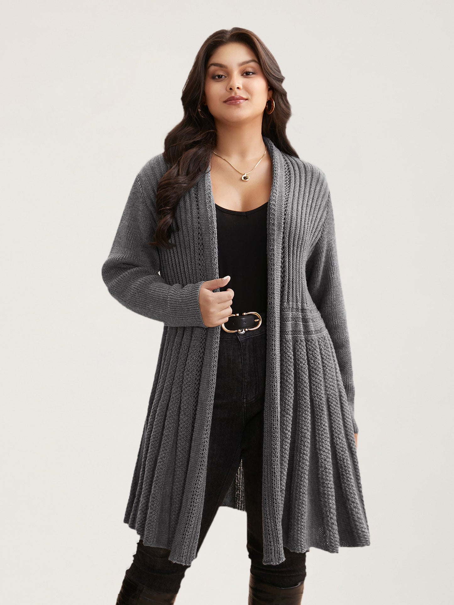 Plain Textured Kimono Collar Cardigan