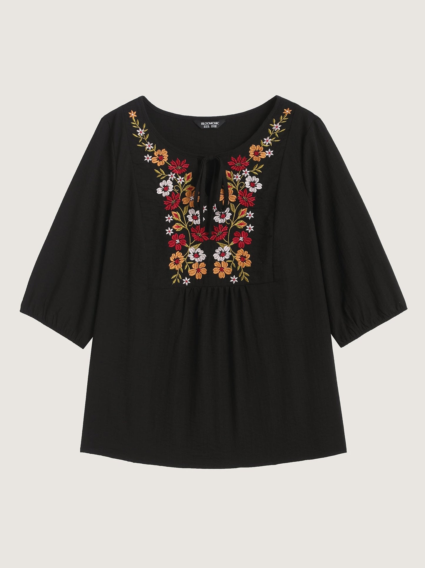 Floral Embroidered Tie Knot Lantern Sleeve Blouse