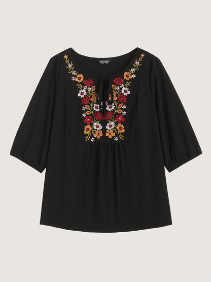 Floral Embroidered Tie Knot Lantern Sleeve Blouse