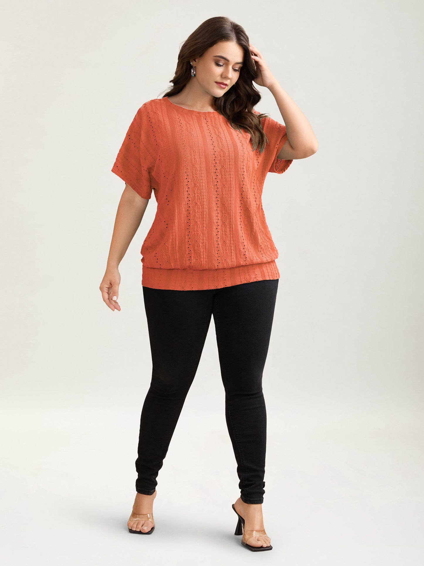 Eyelet Trim Stretchy Textured Plain Top
