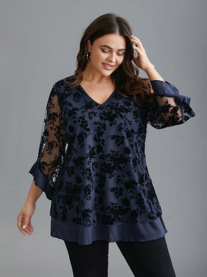 Floral Flocking Mesh Asymmetrical Hem Blouse